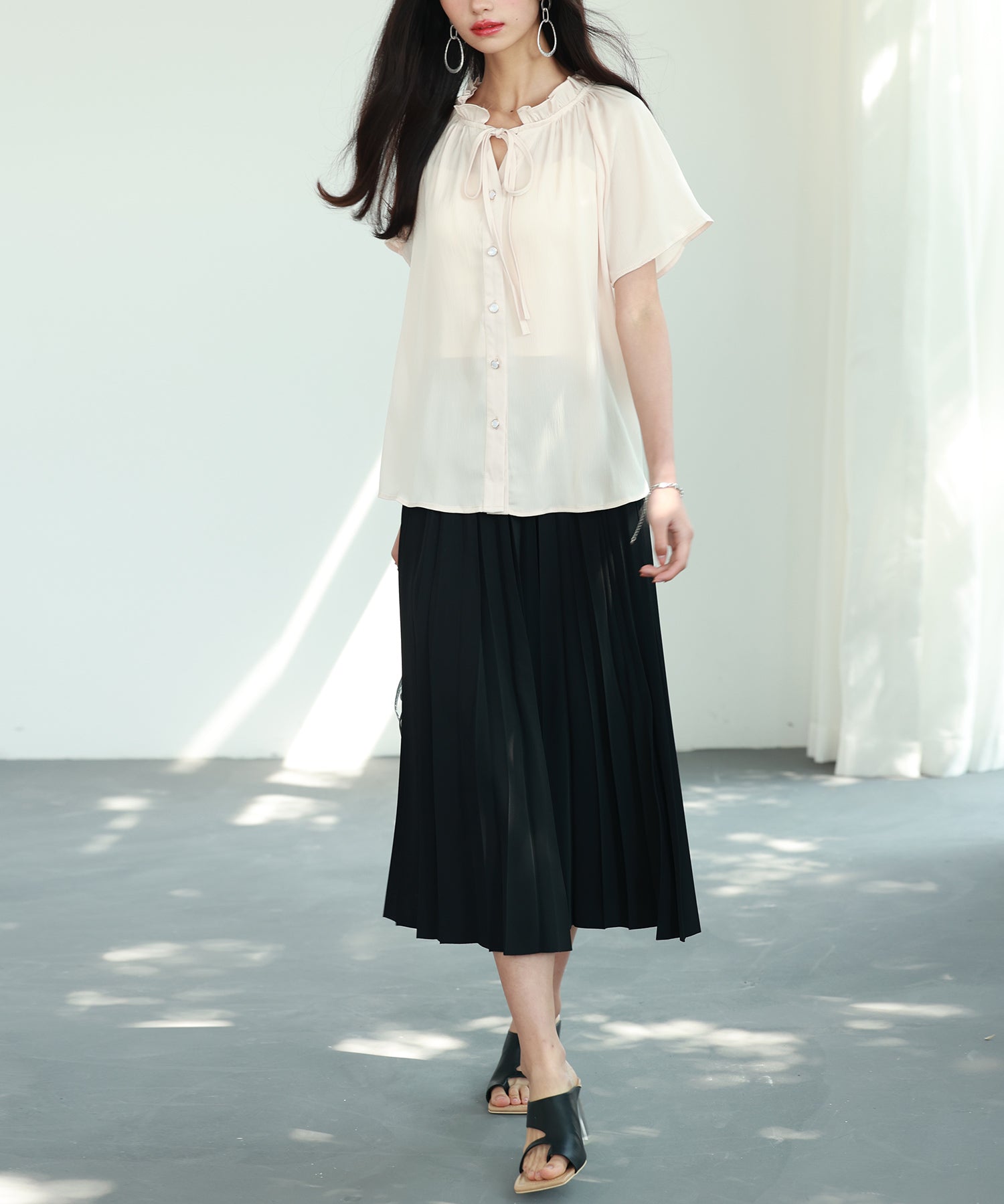 リボンフリルカラー半袖シャツトップスsdphxz1050 ベージュ