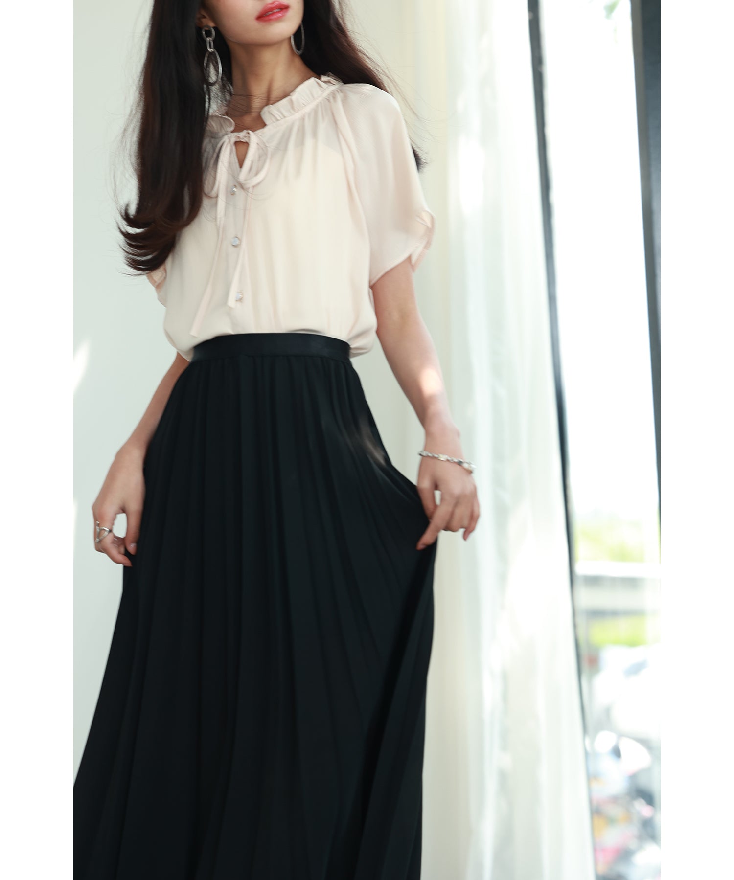 リボンフリルカラー半袖シャツトップスsdphxz1050 ベージュ