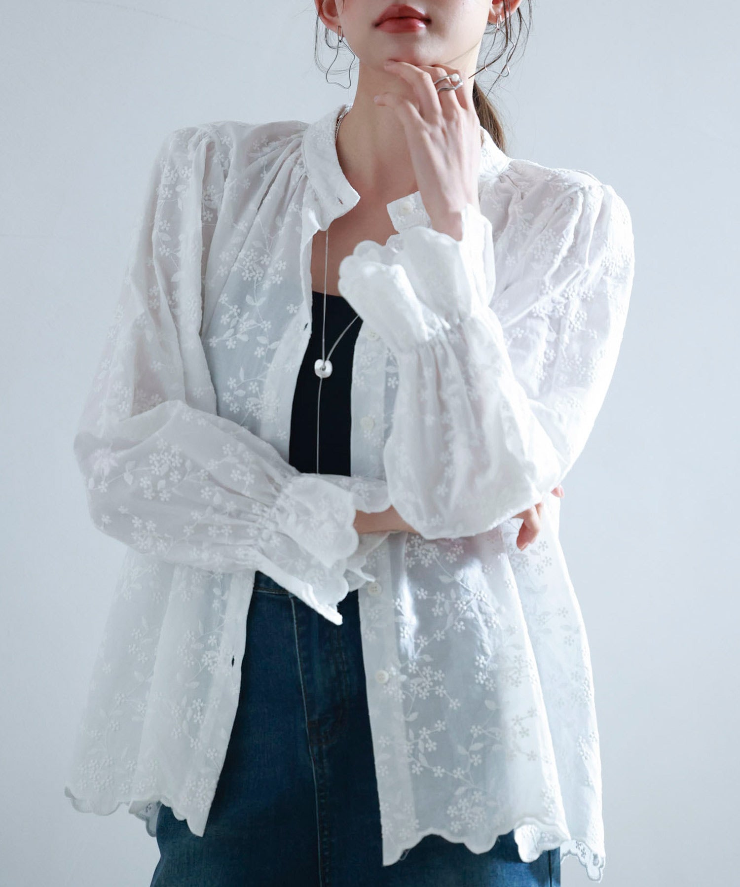 立ち襟スカラップ刺繍シャツブラウスsdphxz1142-103-1
