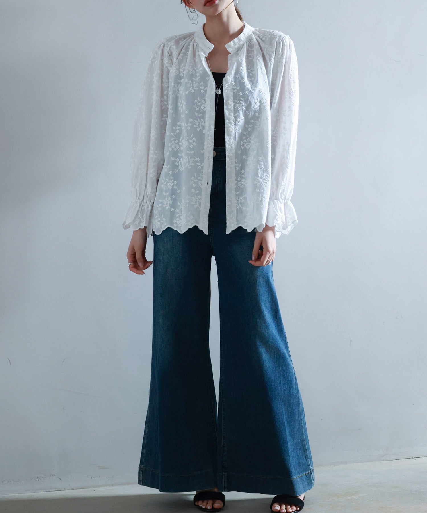 立ち襟スカラップ刺繍シャツブラウスsdphxz1142 ホワイト