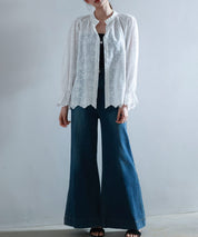 立ち襟スカラップ刺繍シャツブラウスsdphxz1142 ホワイト