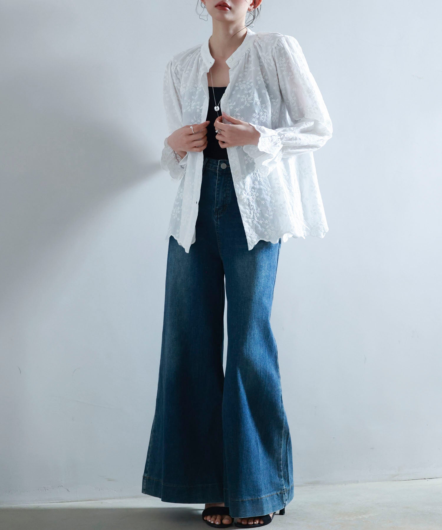 立ち襟スカラップ刺繍シャツブラウスsdphxz1142 ホワイト