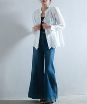 立ち襟スカラップ刺繍シャツブラウスsdphxz1142 ホワイト