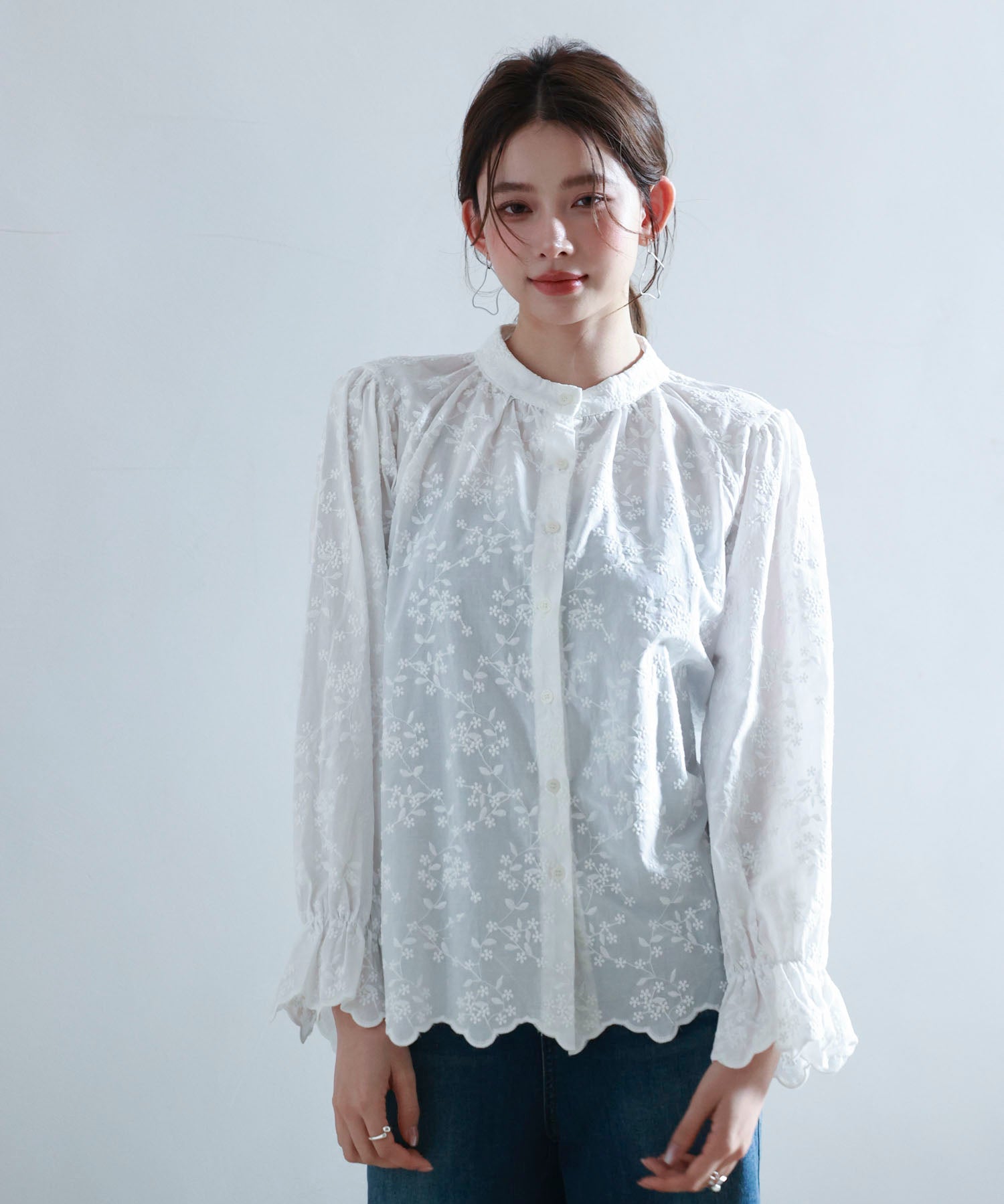 立ち襟スカラップ刺繍シャツブラウスsdphxz1142 ホワイト