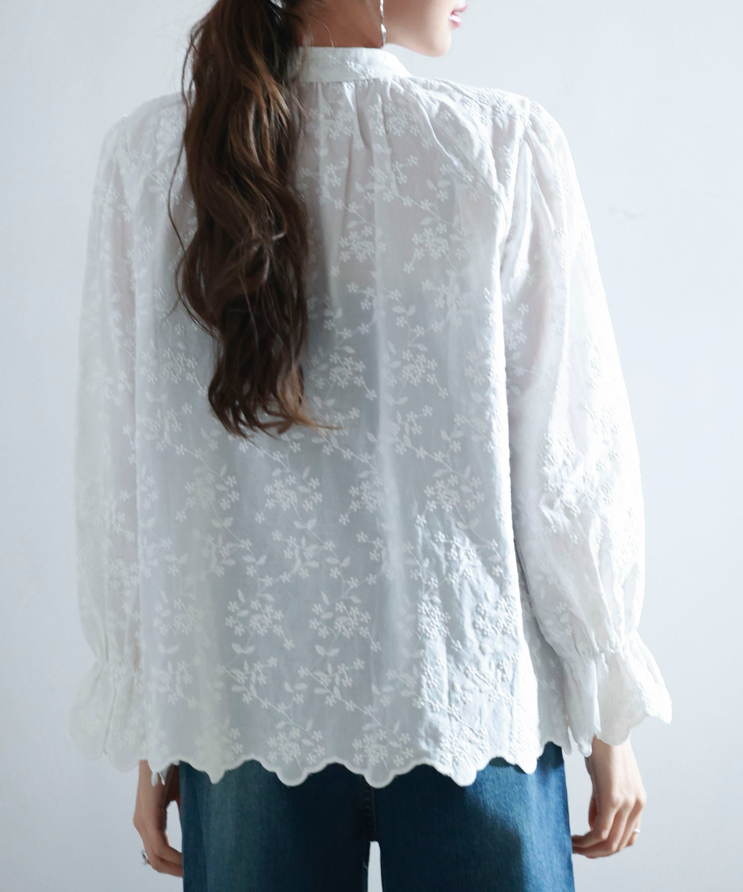 立ち襟スカラップ刺繍シャツブラウスsdphxz1142 ホワイト