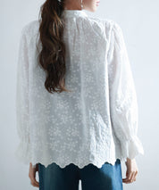 立ち襟スカラップ刺繍シャツブラウスsdphxz1142 ホワイト