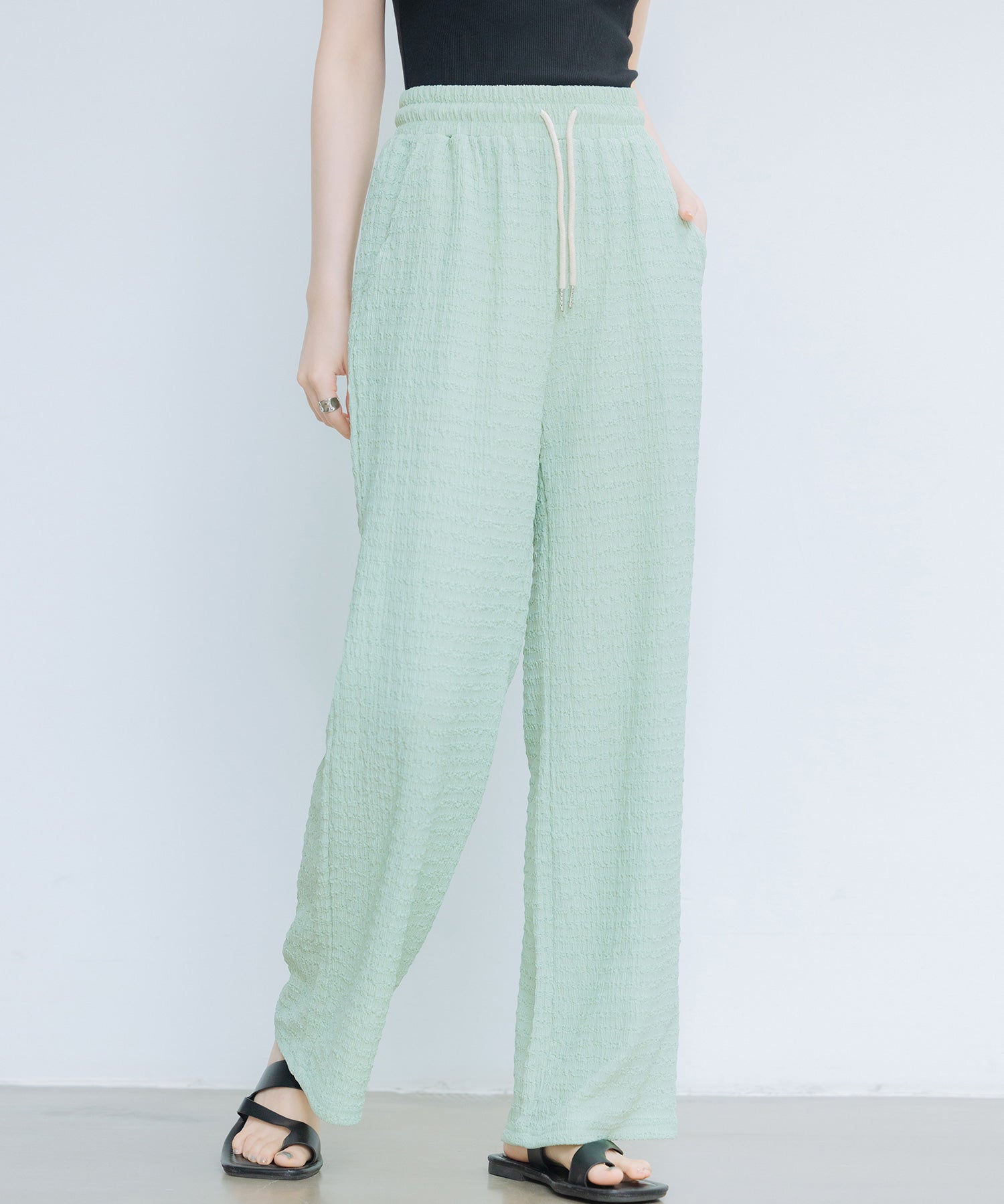 ウエストゴム体型カバーワイドパンツsdpot05 グリーン