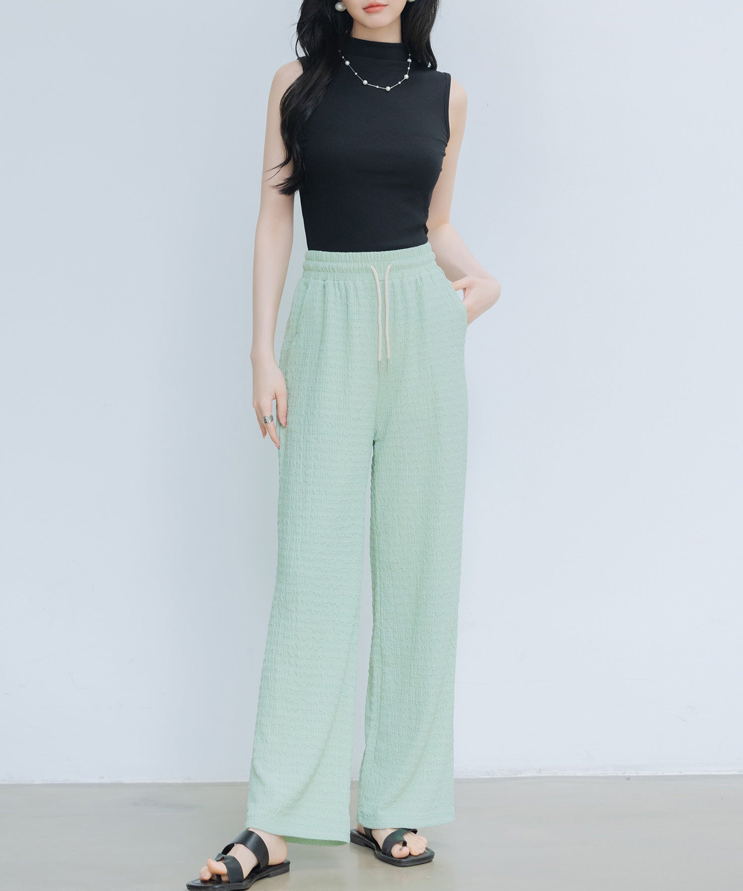 ウエストゴム体型カバーワイドパンツsdpot05 グリーン