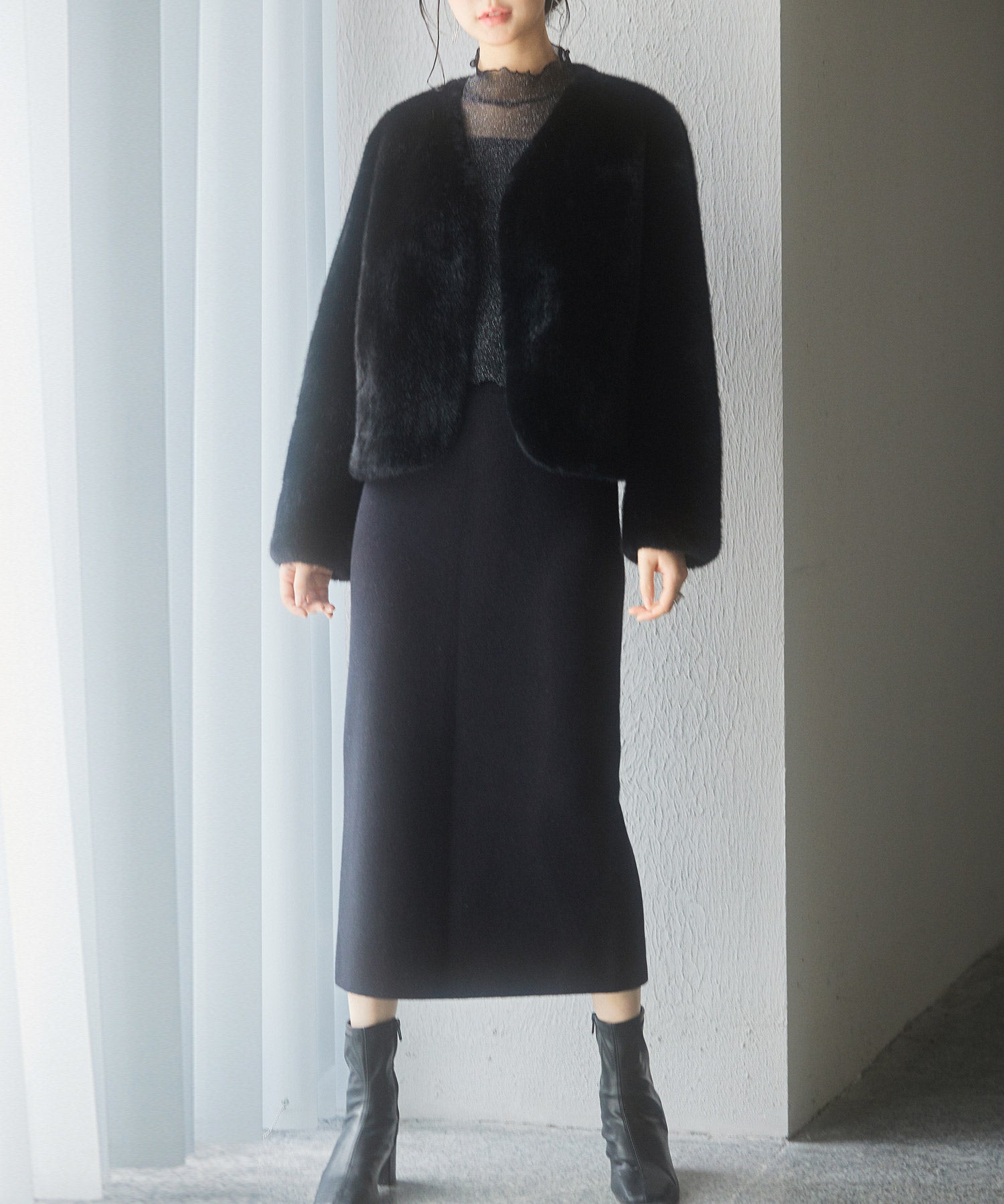 もこもこフェイクファーノーカラージャケットsdpps0625 ブラック