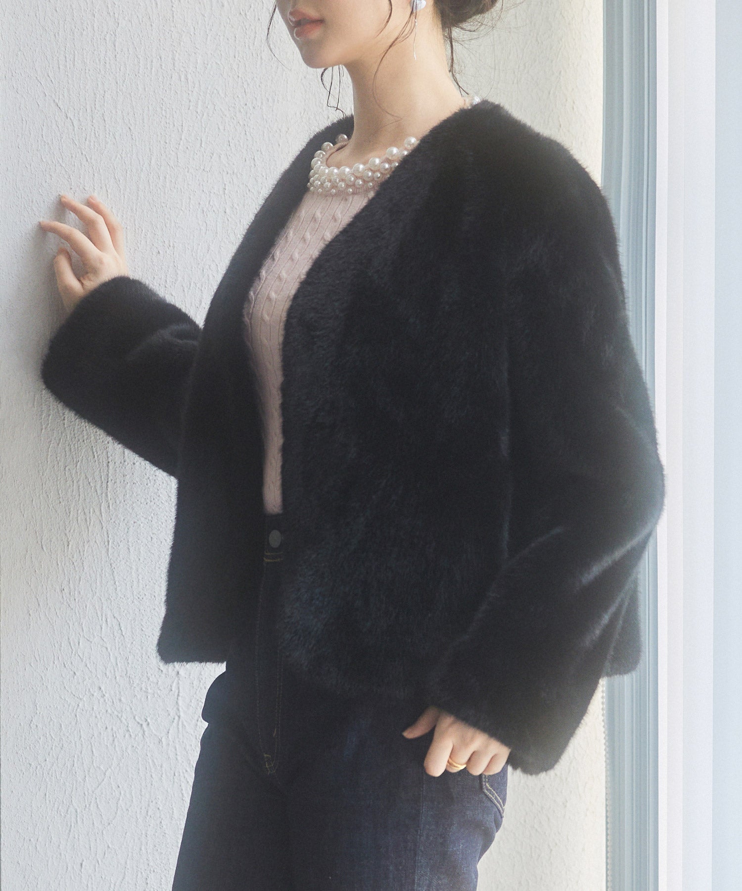 もこもこフェイクファーノーカラージャケットsdpps0625 ブラック