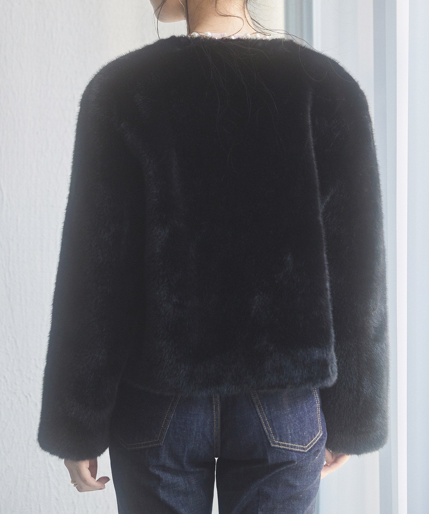 もこもこフェイクファーノーカラージャケットsdpps0625 ブラック