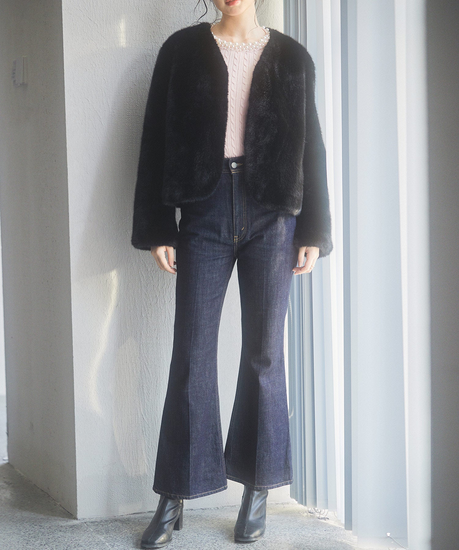 もこもこフェイクファーノーカラージャケットsdpps0625 ブラック