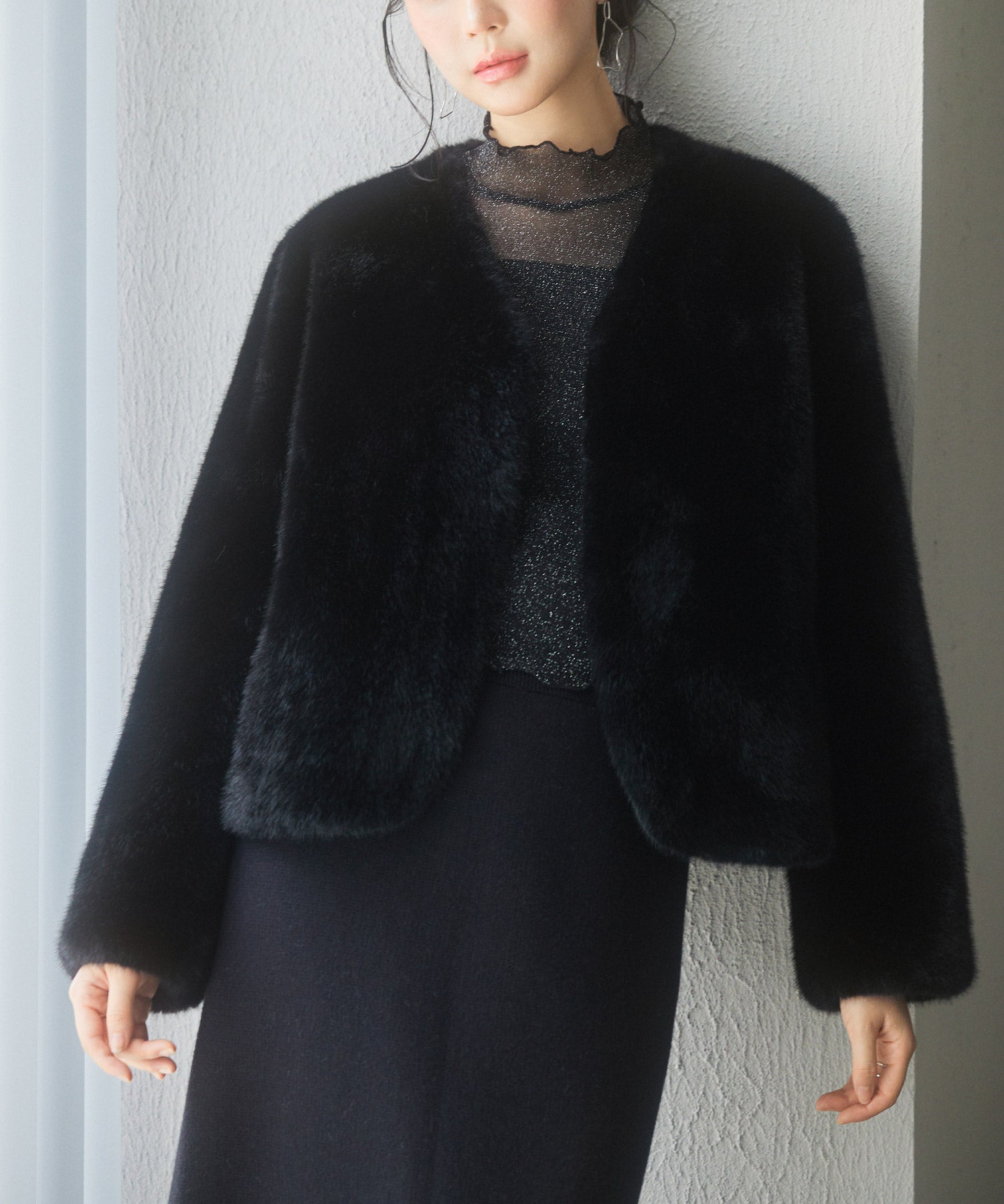 もこもこフェイクファーノーカラージャケットsdpps0625 ブラック