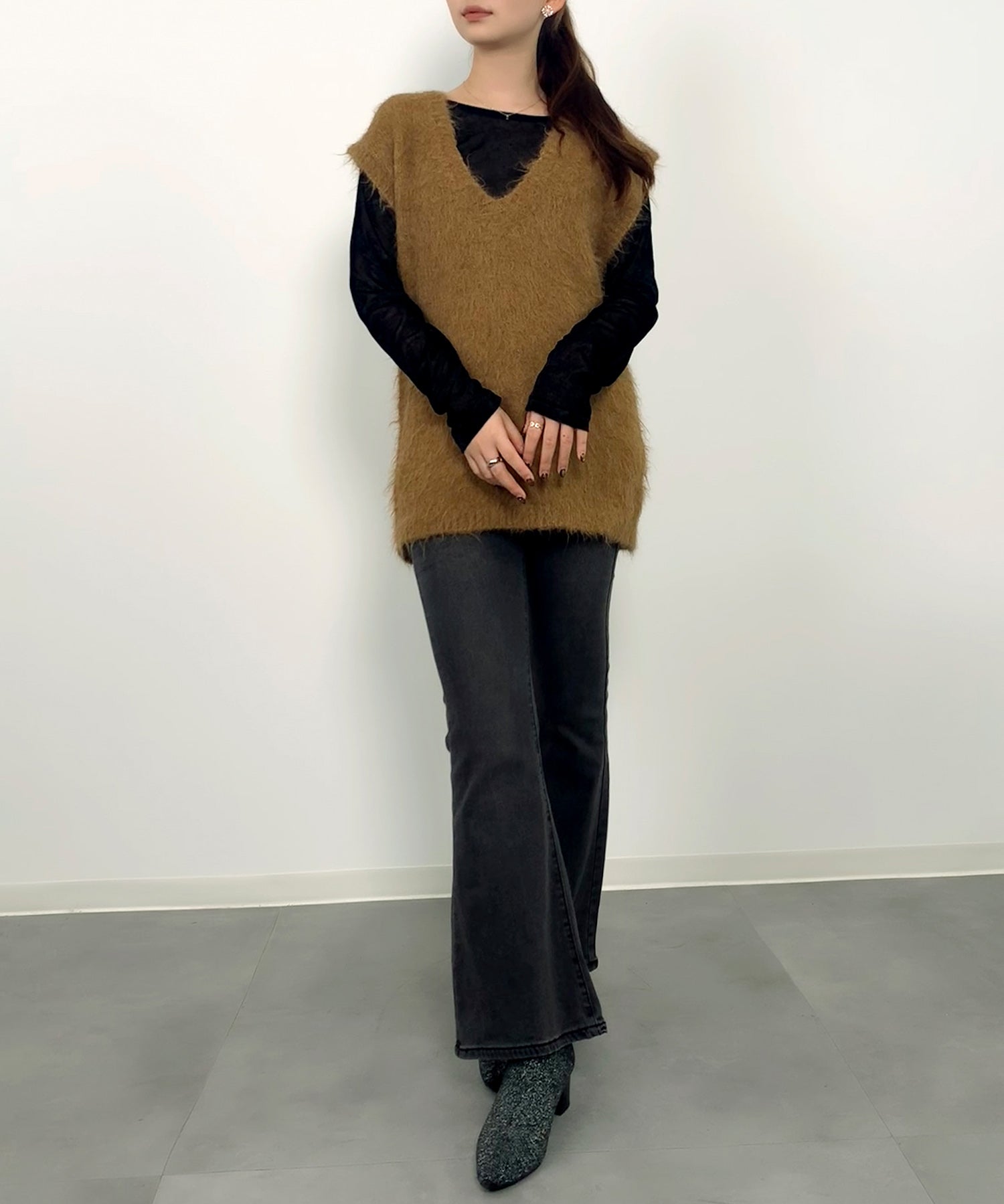 起毛シャギーオーバーサイズVネックベストsdprb1044 ベージュ