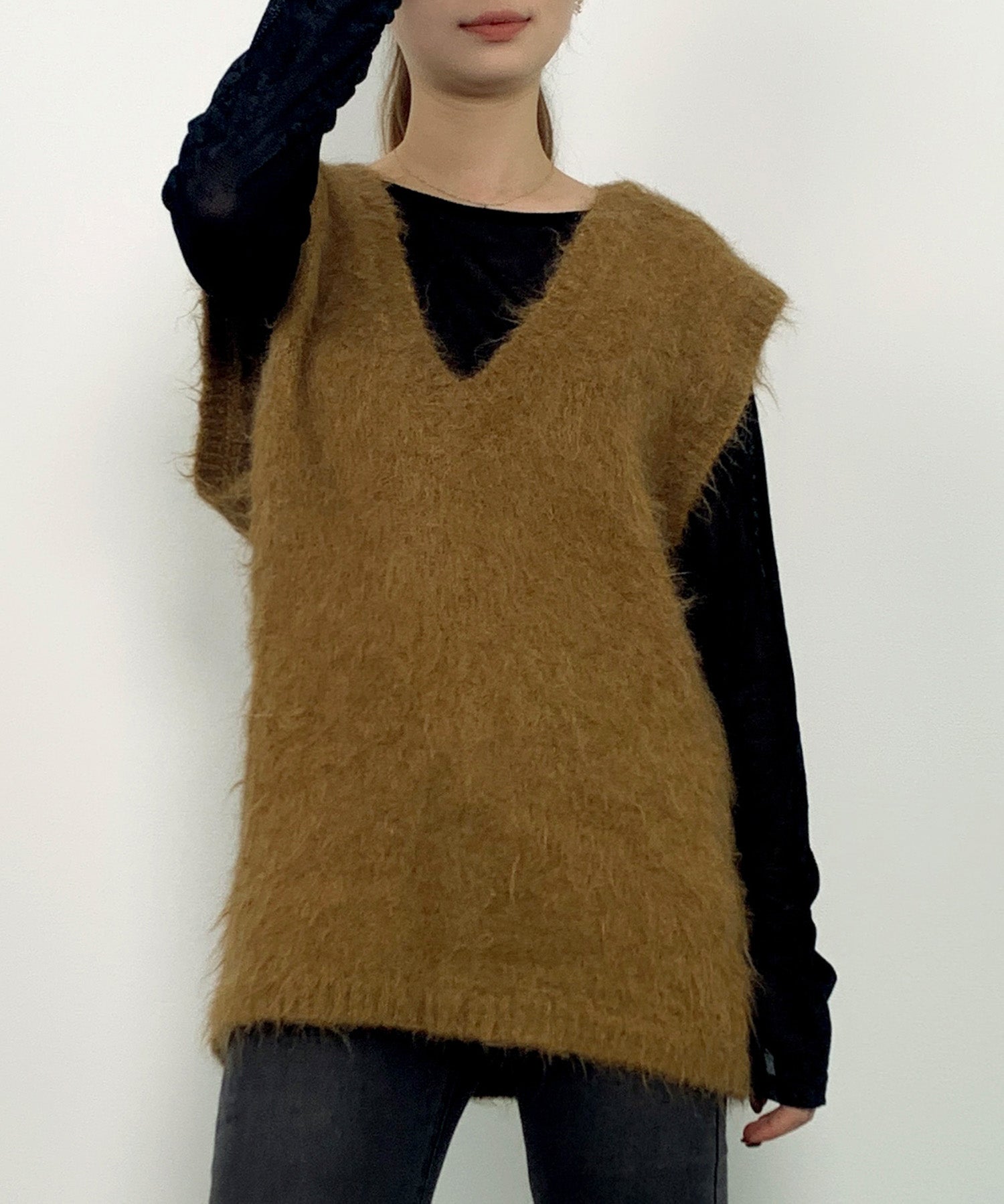 起毛シャギーオーバーサイズVネックベストsdprb1044 ベージュ