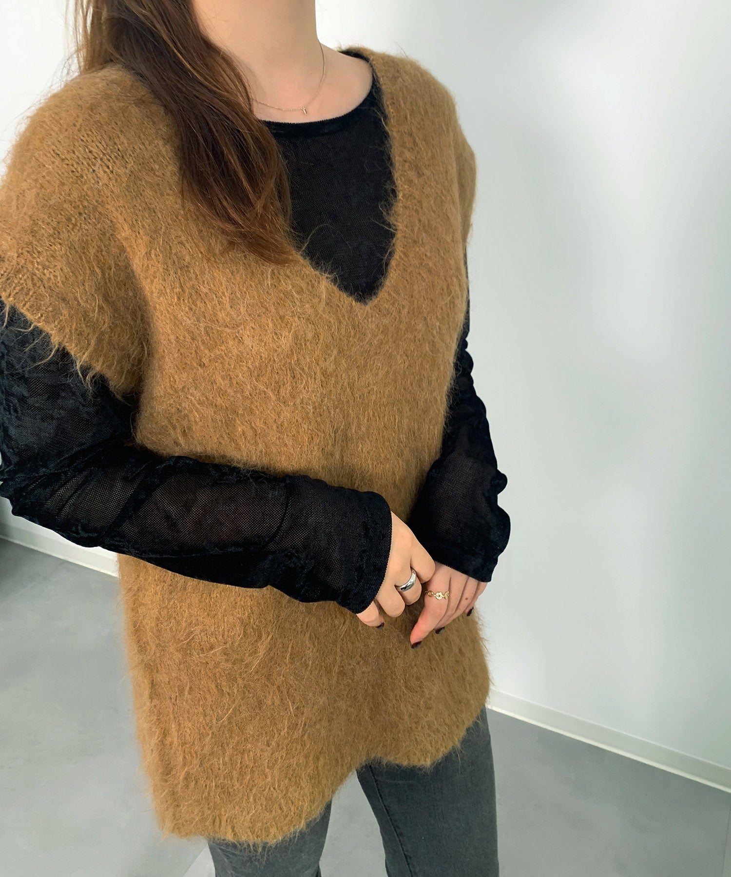 起毛シャギーオーバーサイズVネックベストsdprb1044 ベージュ