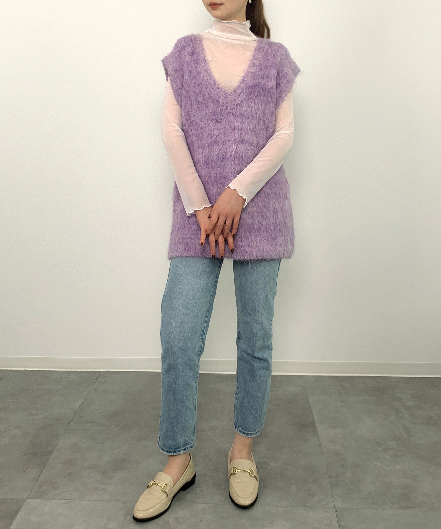 起毛シャギーオーバーサイズVネックベストsdprb1044 パープル
