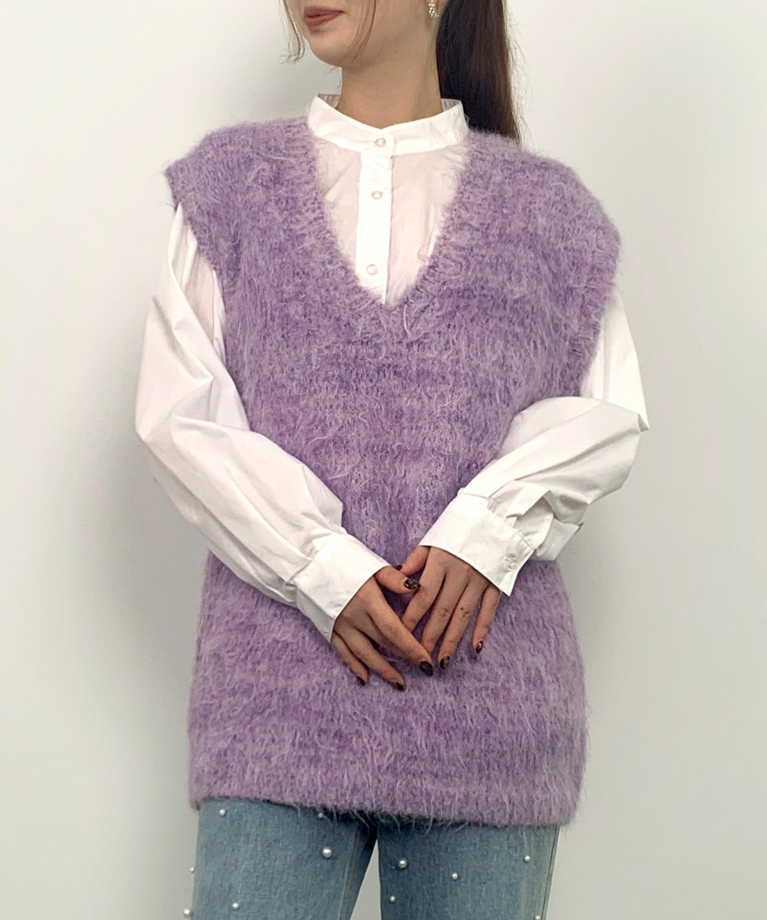 起毛シャギーオーバーサイズVネックベストsdprb1044 パープル