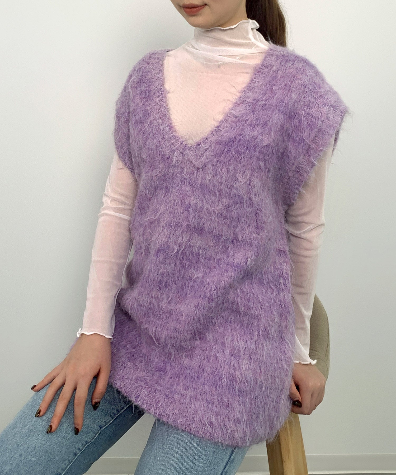 起毛シャギーオーバーサイズVネックベストsdprb1044 パープル