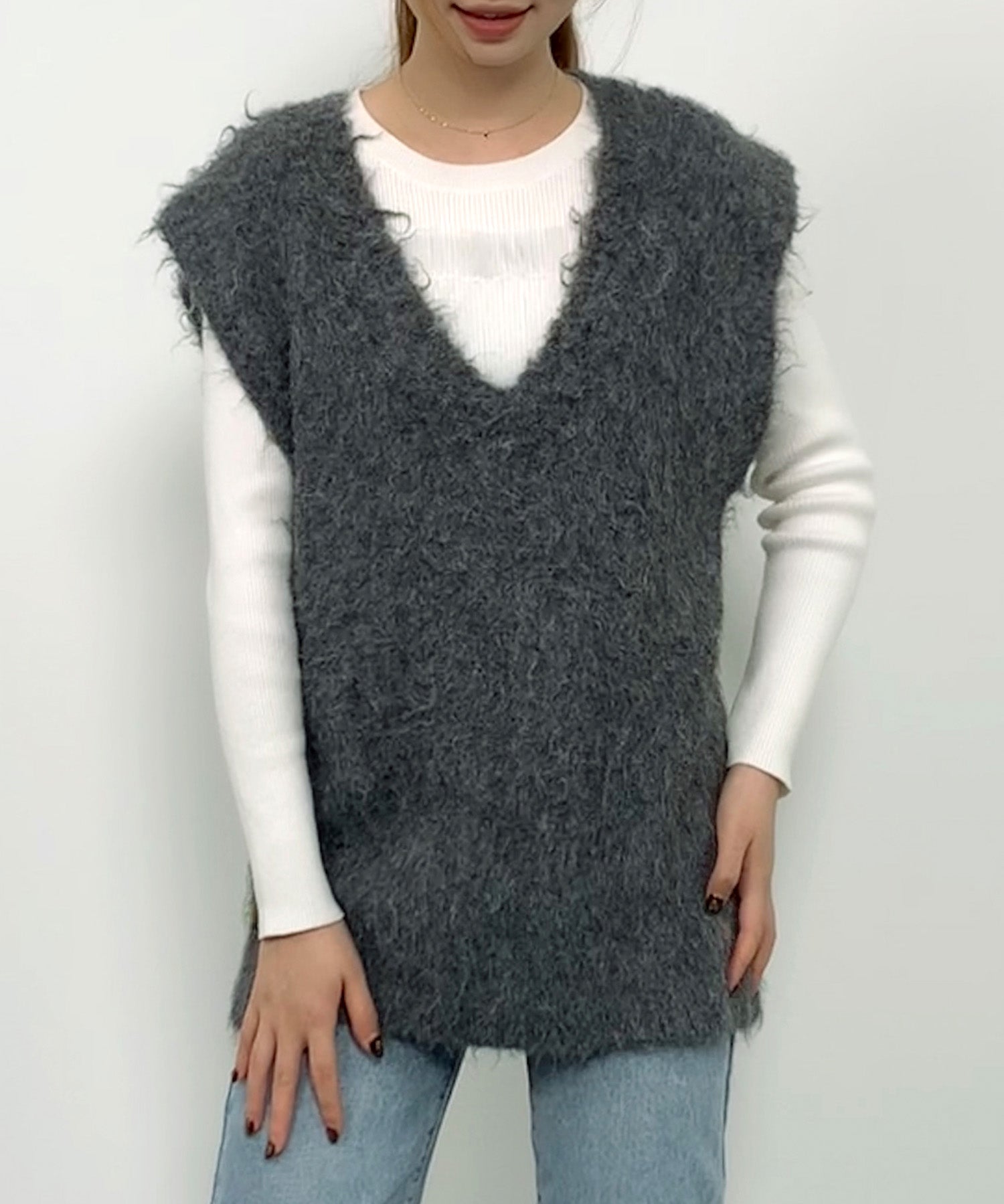 起毛シャギーオーバーサイズVネックベストsdprb1044 チャコール