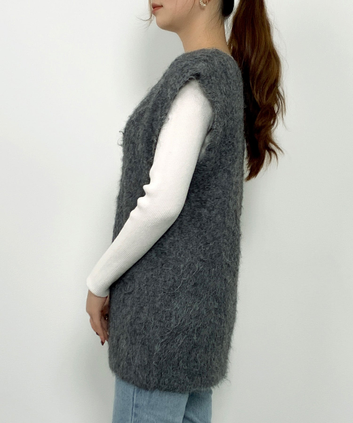 起毛シャギーオーバーサイズVネックベストsdprb1044 チャコール