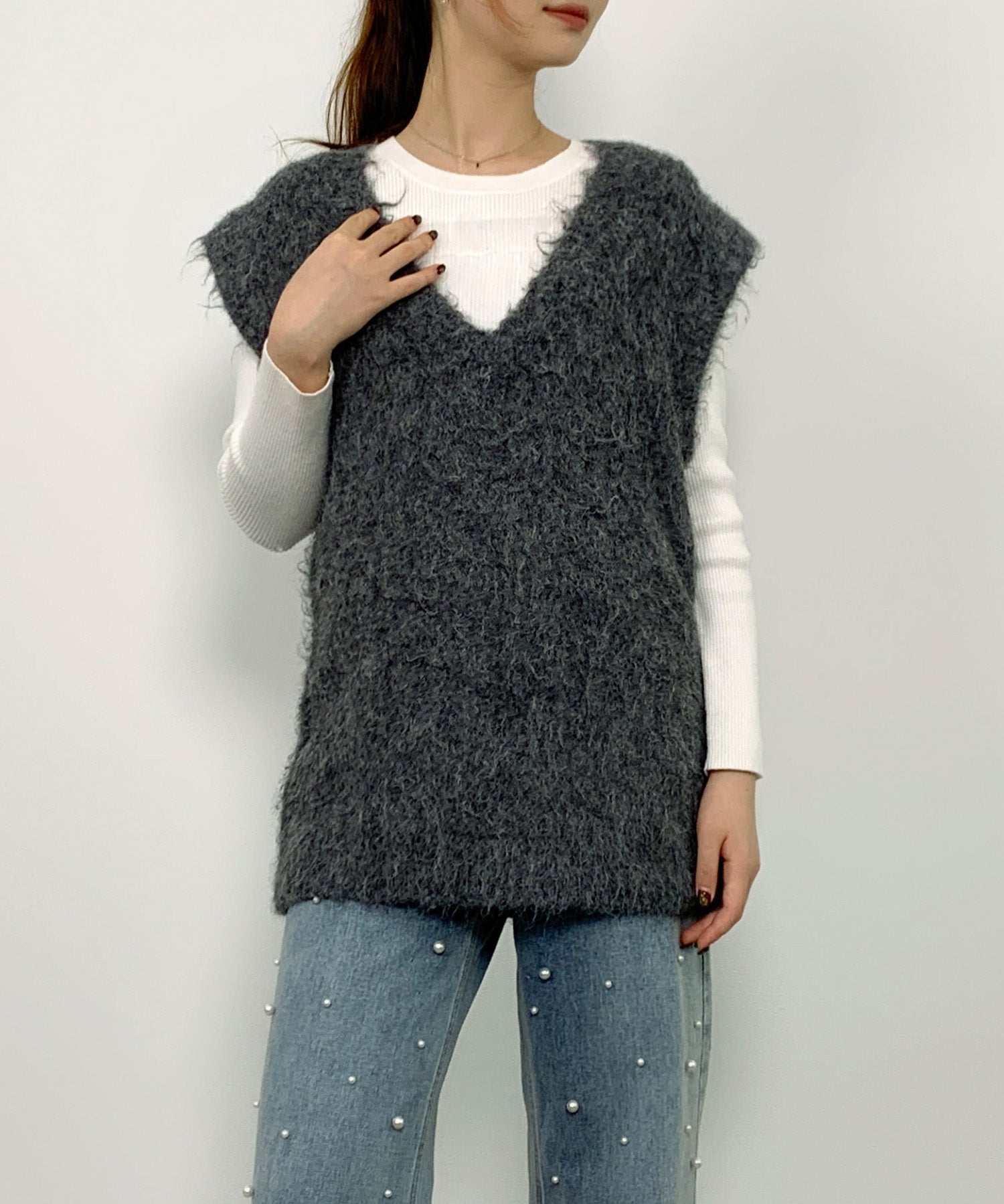 起毛シャギーオーバーサイズVネックベストsdprb1044 チャコール