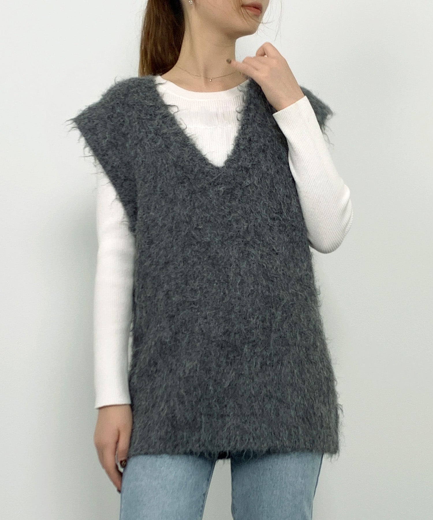 起毛シャギーオーバーサイズVネックベストsdprb1044 チャコール