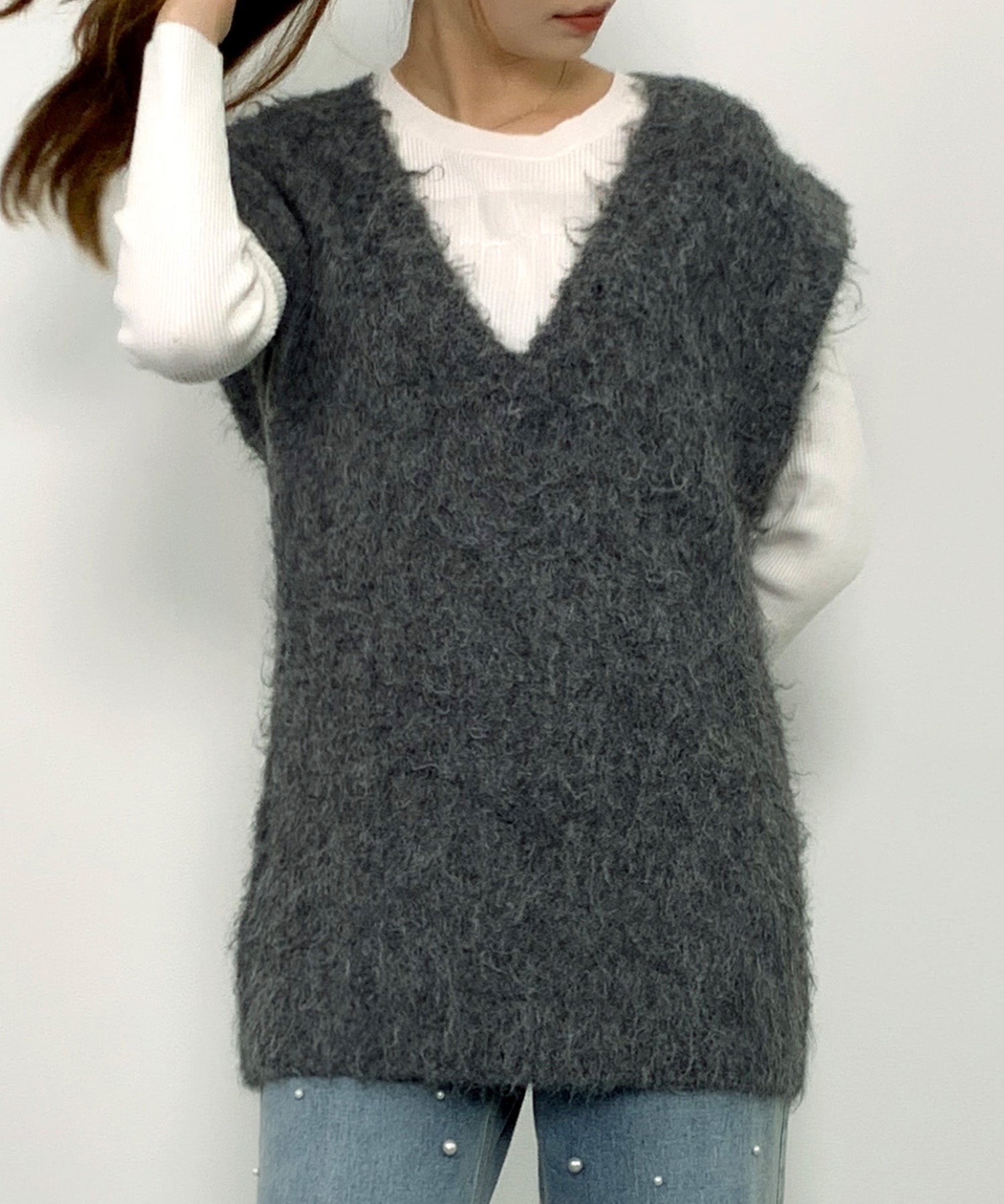 起毛シャギーオーバーサイズVネックベストsdprb1044 チャコール