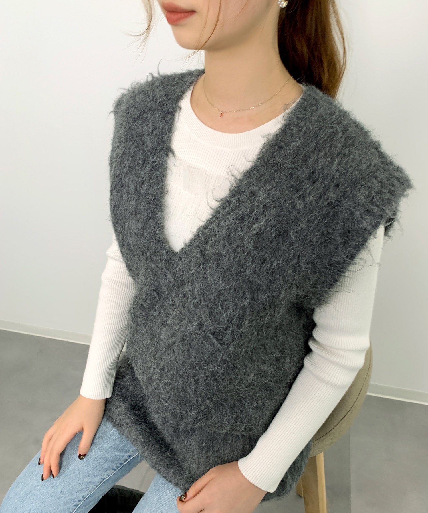 起毛シャギーオーバーサイズVネックベストsdprb1044 チャコール