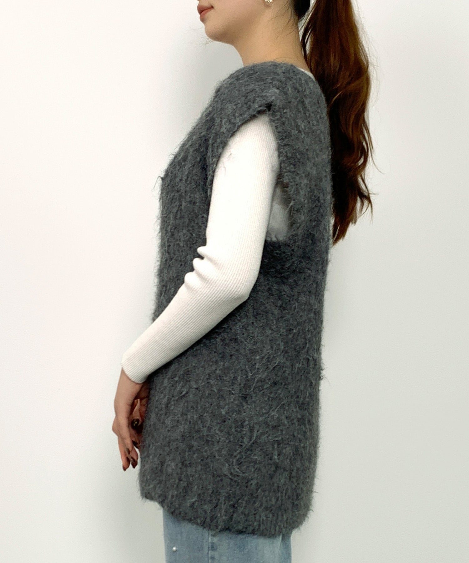 起毛シャギーオーバーサイズVネックベストsdprb1044 チャコール