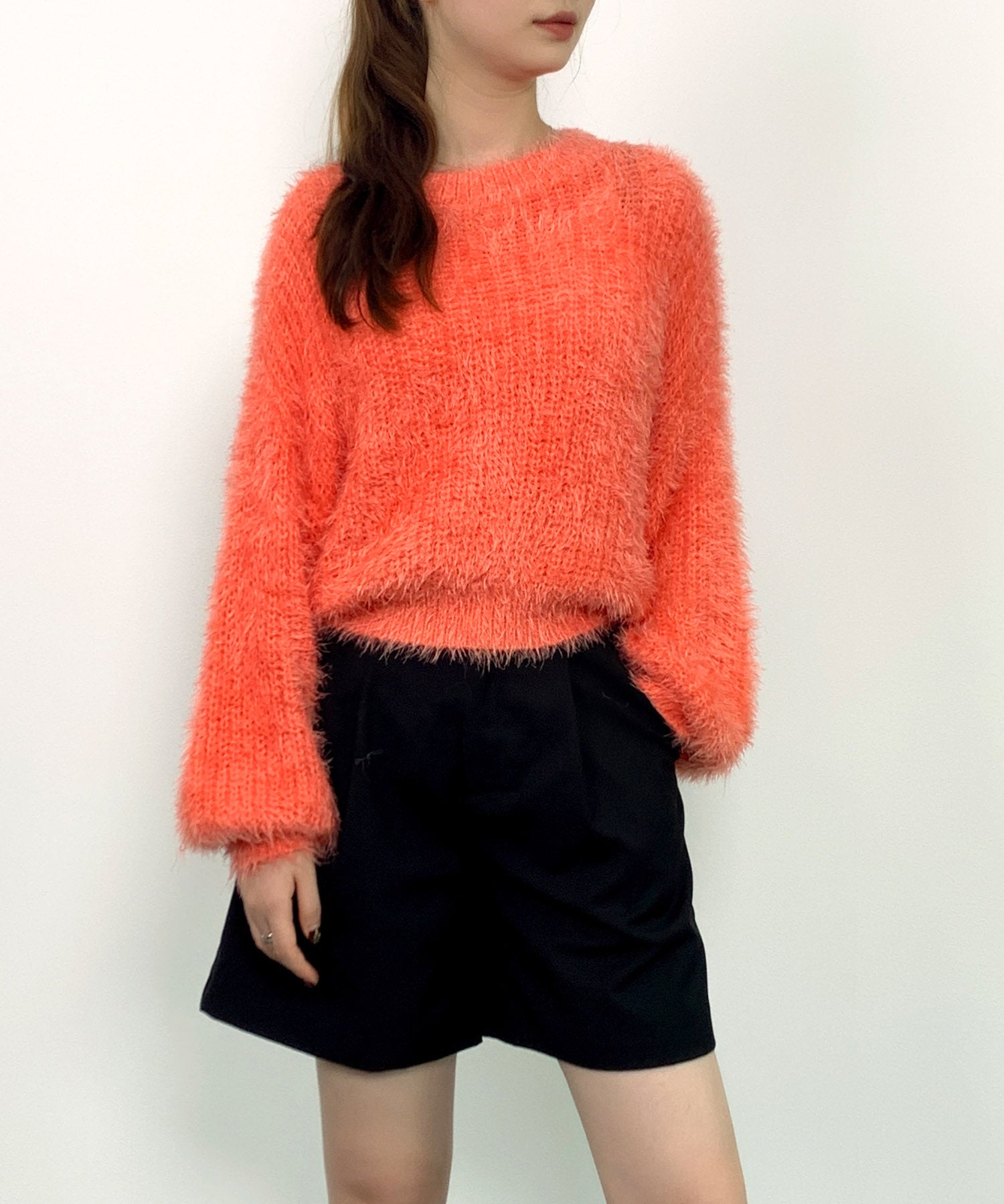 ラウンドネックショート丈光沢フェザーニットsdprb1052 オレンジ