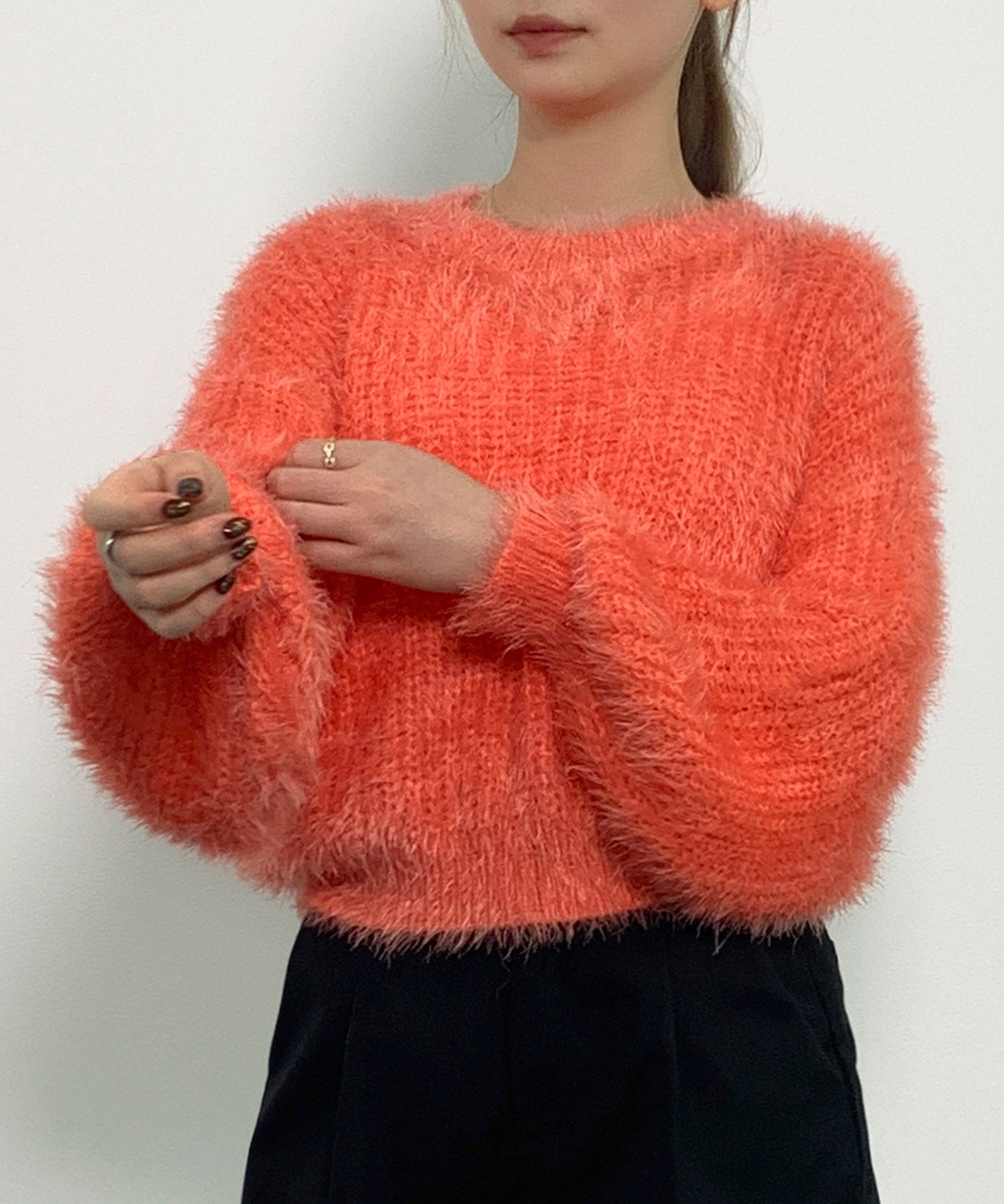 ラウンドネックショート丈光沢フェザーニットsdprb1052 オレンジ