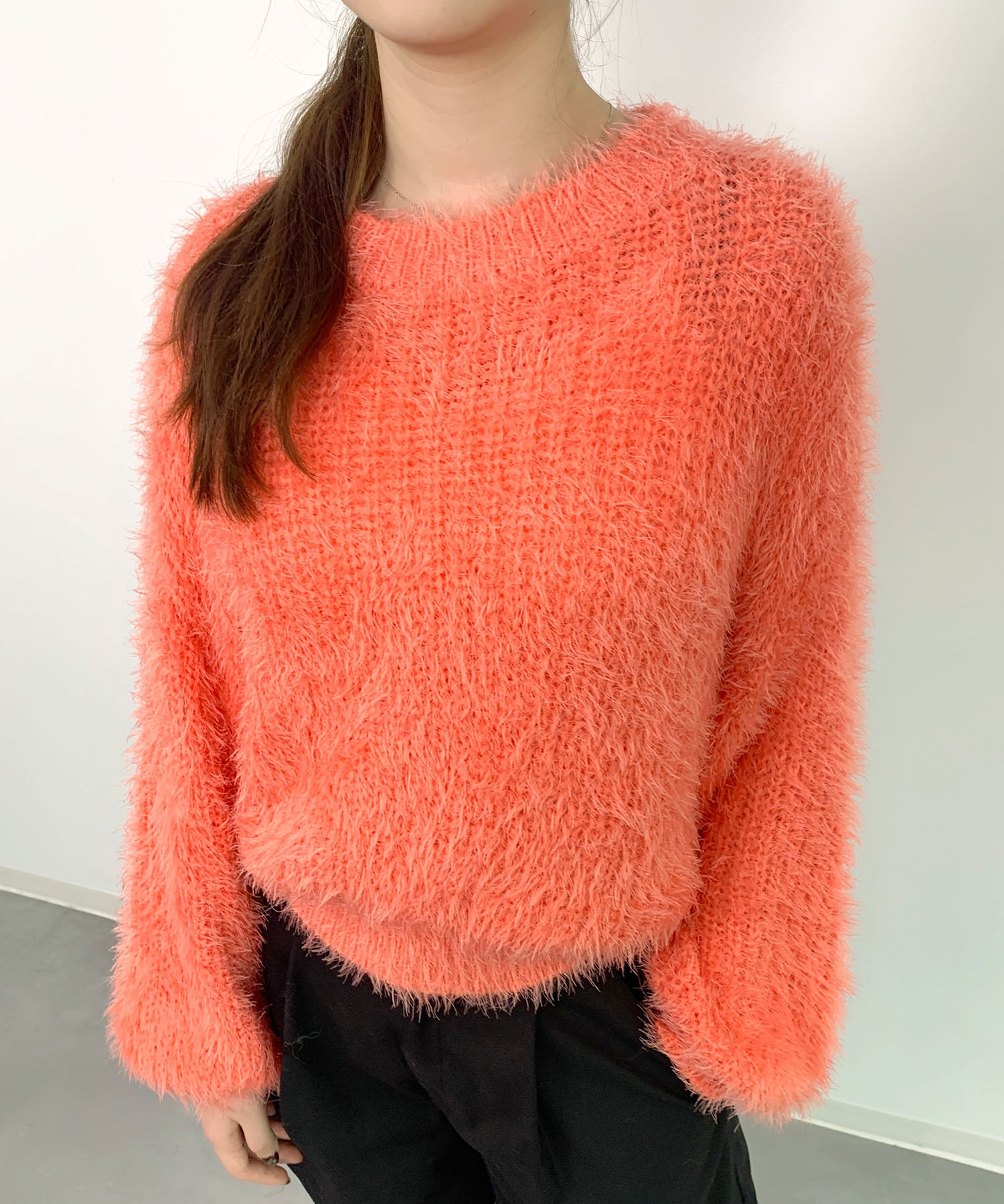 ラウンドネックショート丈光沢フェザーニットsdprb1052 オレンジ