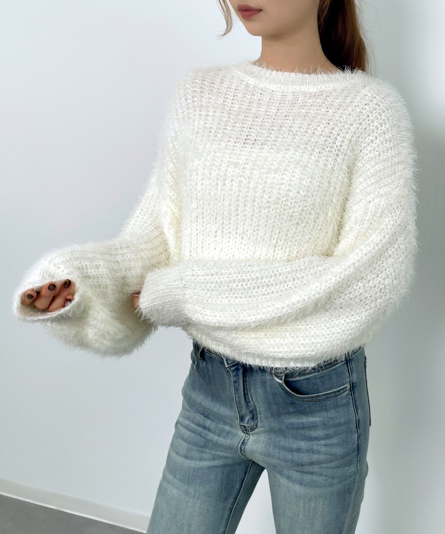 ラウンドネックショート丈光沢フェザーニットsdprb1052 アイボリー