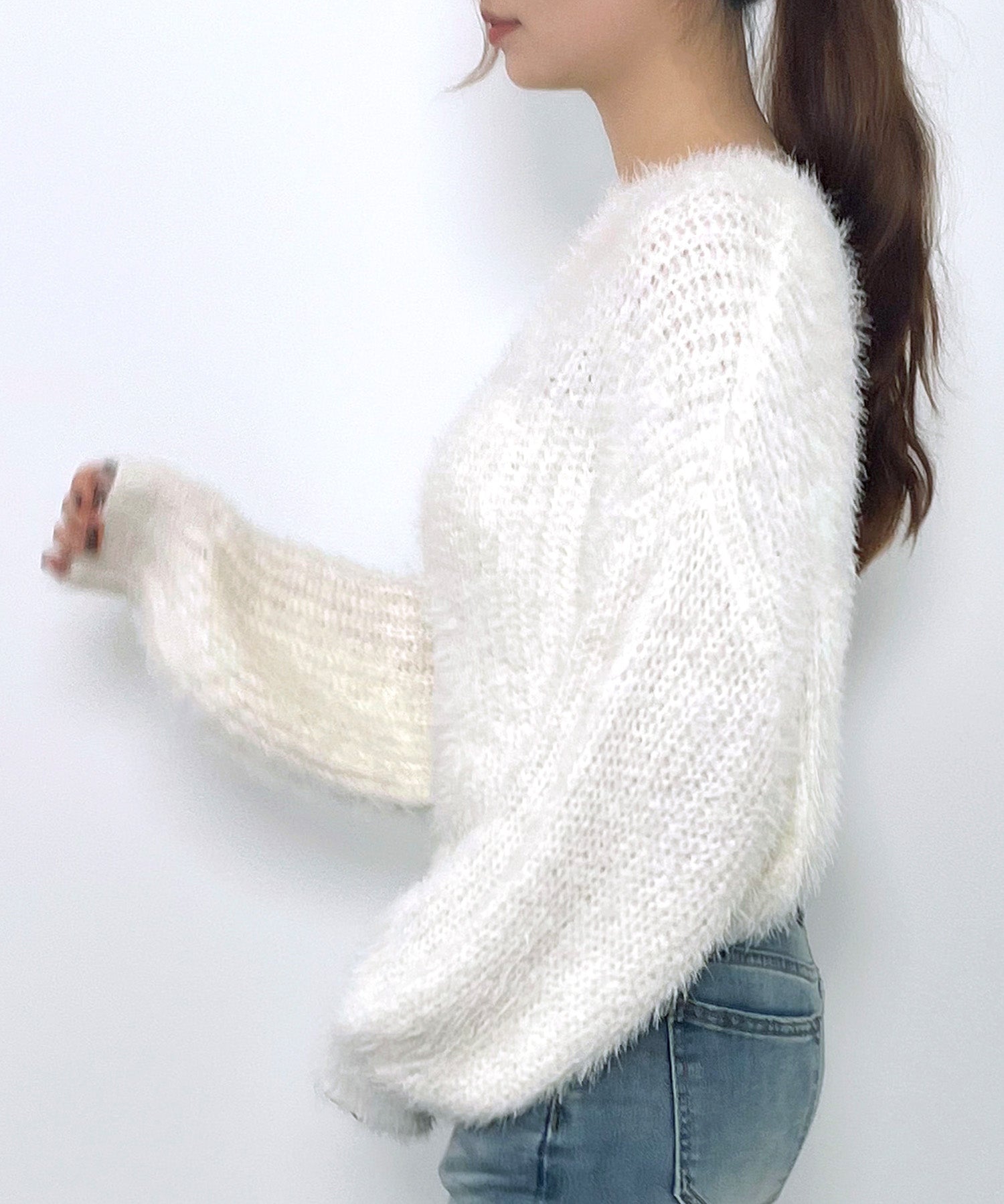 ラウンドネックショート丈光沢フェザーニットsdprb1052 アイボリー