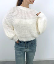 ラウンドネックショート丈光沢フェザーニットsdprb1052 アイボリー