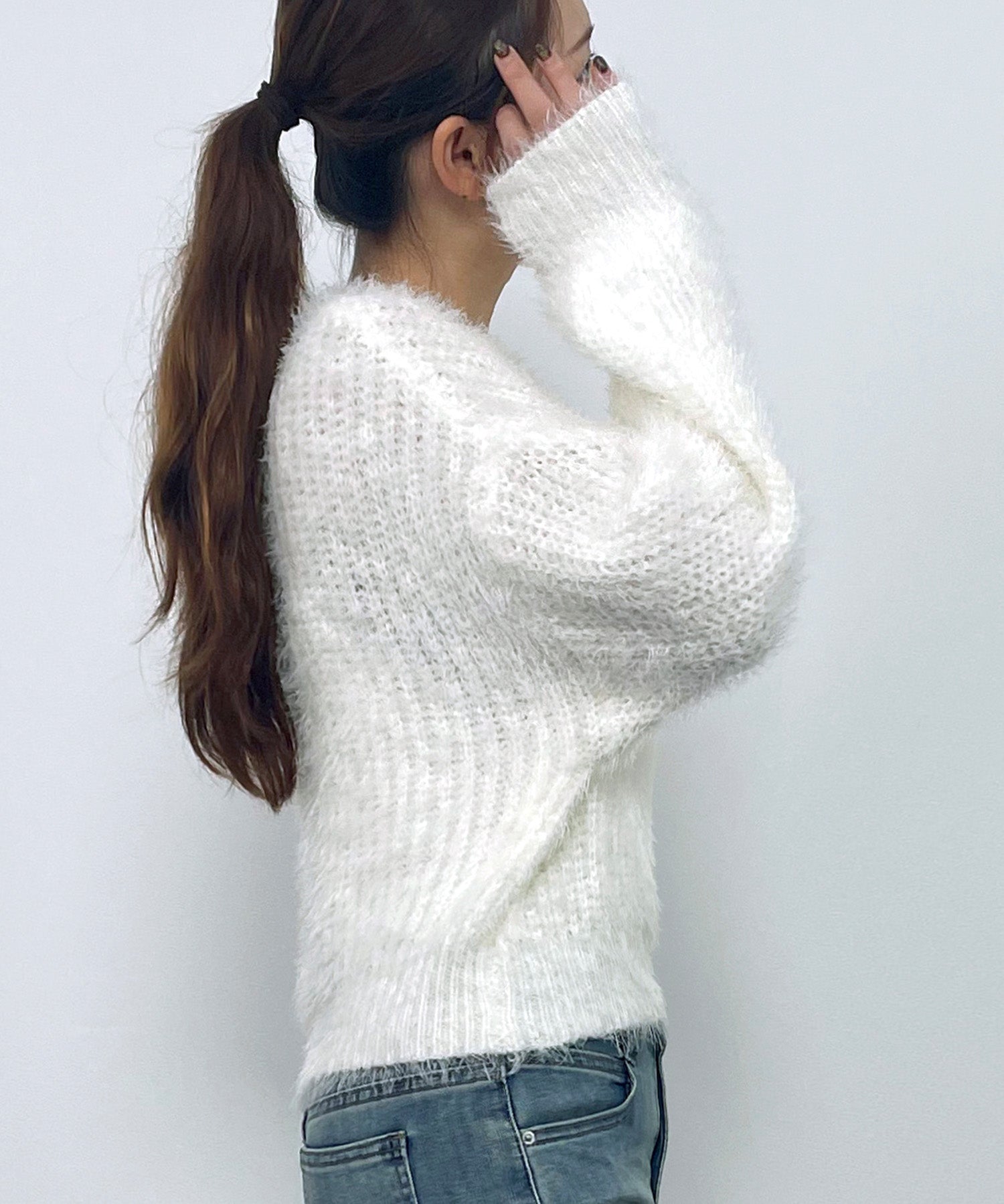 ラウンドネックショート丈光沢フェザーニットsdprb1052 アイボリー