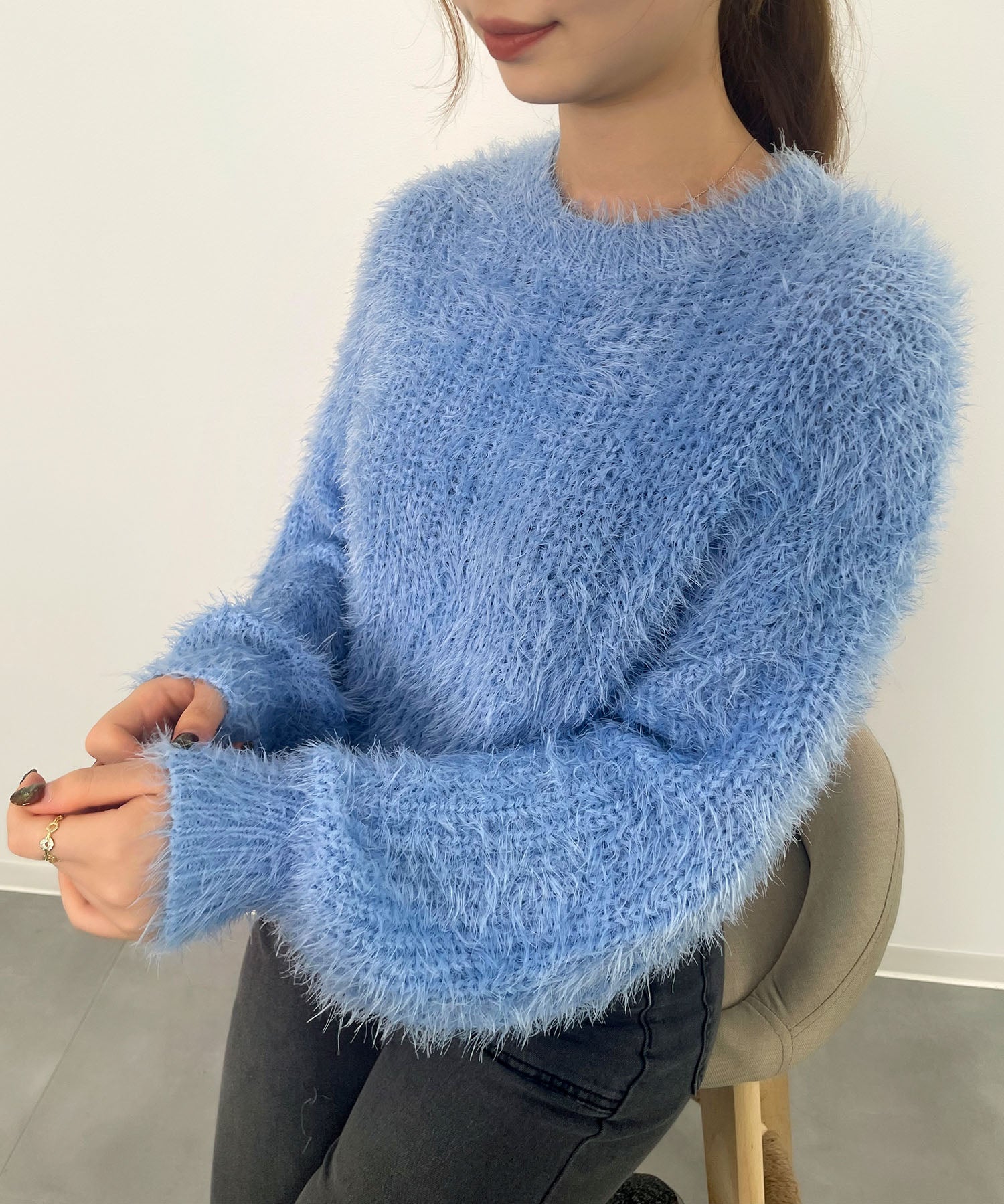 ラウンドネックショート丈光沢フェザーニットsdprb1052 ライトブルー