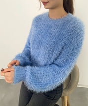 ラウンドネックショート丈光沢フェザーニットsdprb1052 ライトブルー