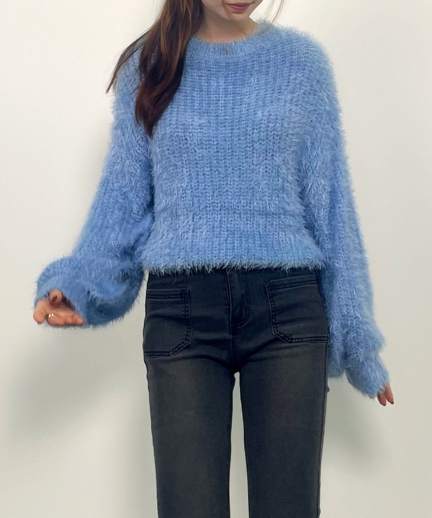 ラウンドネックショート丈光沢フェザーニットsdprb1052 ライトブルー