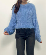 ラウンドネックショート丈光沢フェザーニットsdprb1052 ライトブルー