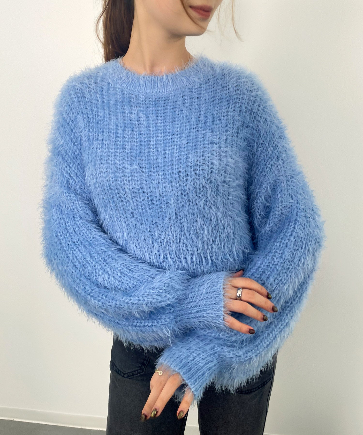 ラウンドネックショート丈光沢フェザーニットsdprb1052 ライトブルー