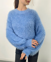 ラウンドネックショート丈光沢フェザーニットsdprb1052 ライトブルー