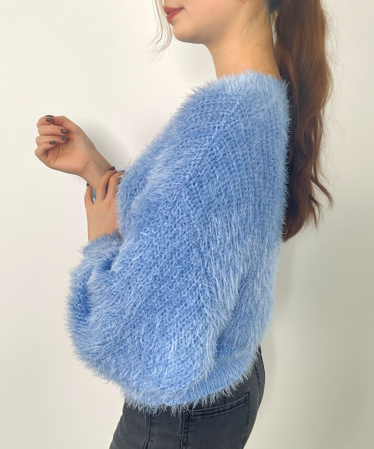 ラウンドネックショート丈光沢フェザーニットsdprb1052 ライトブルー