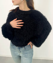 ラウンドネックショート丈光沢フェザーニットsdprb1052 ブラック