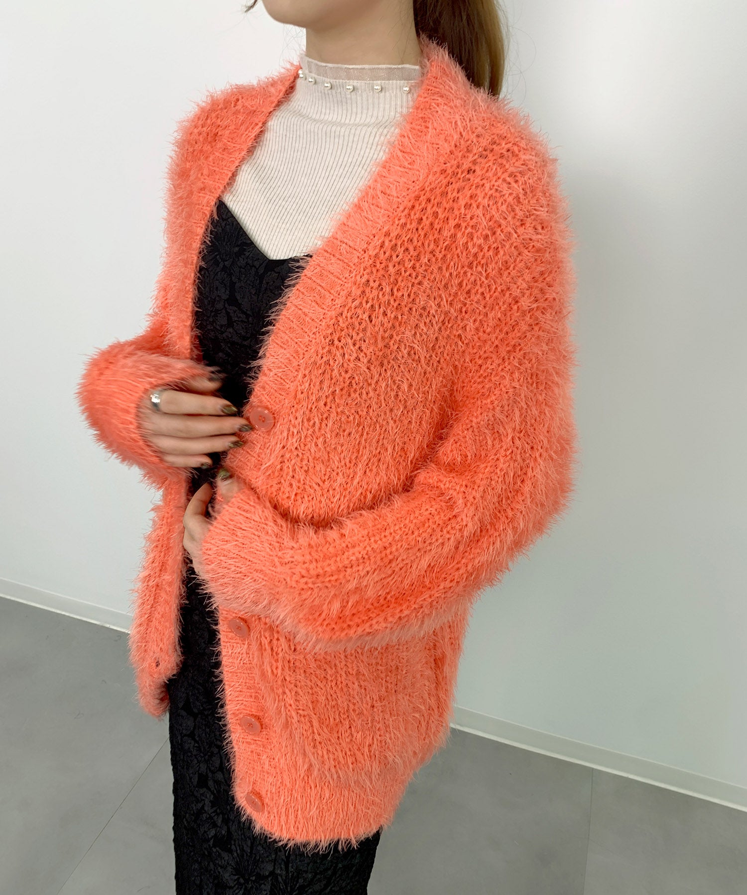 光沢フェザーVネックミドル丈カーディガンsdprb1053 オレンジ