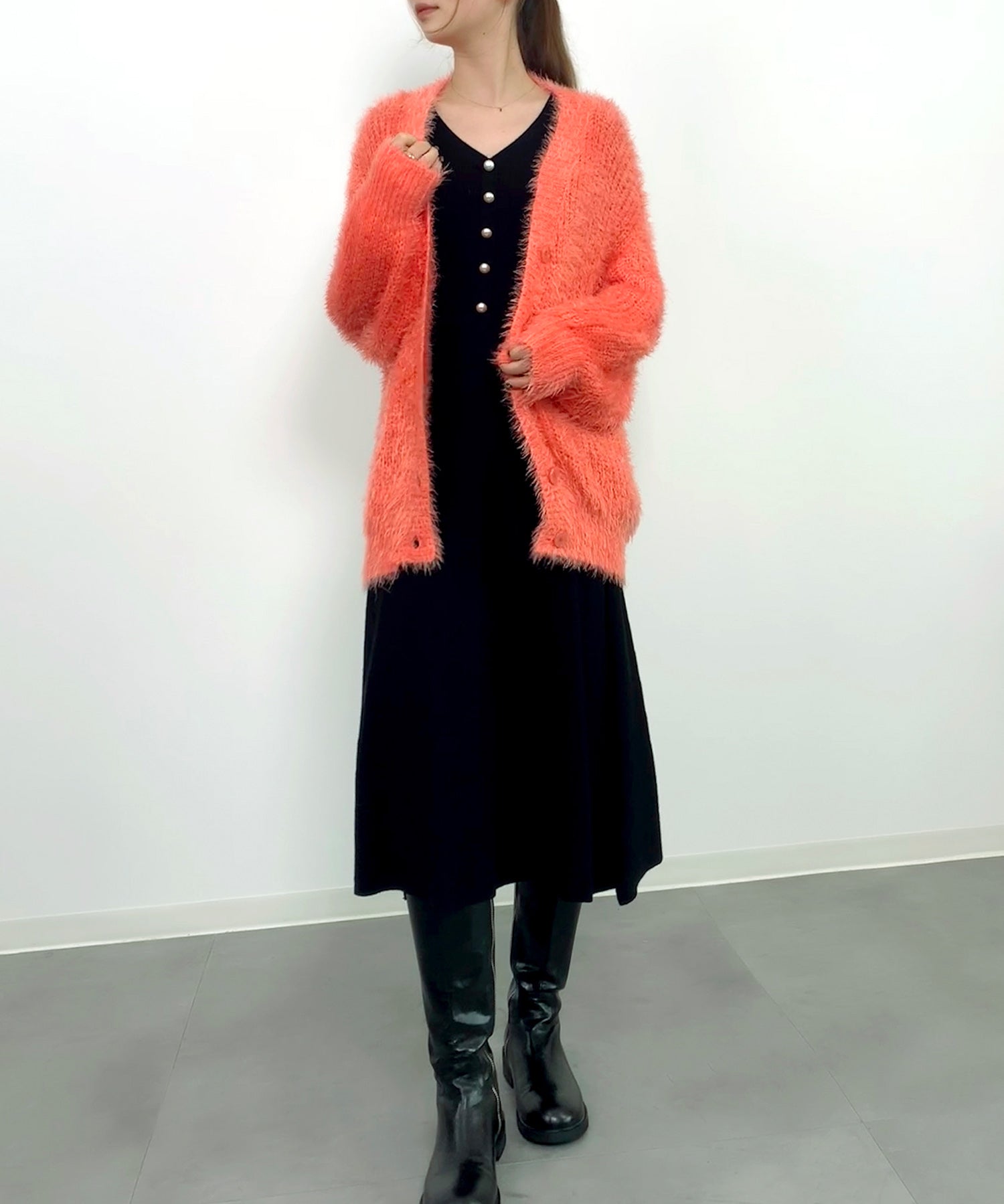 光沢フェザーVネックミドル丈カーディガンsdprb1053 オレンジ