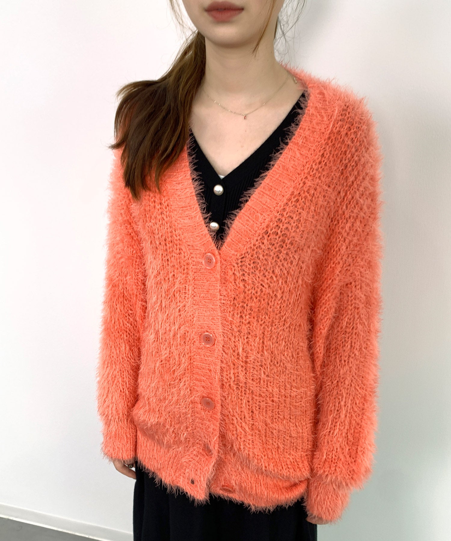 光沢フェザーVネックミドル丈カーディガンsdprb1053 オレンジ
