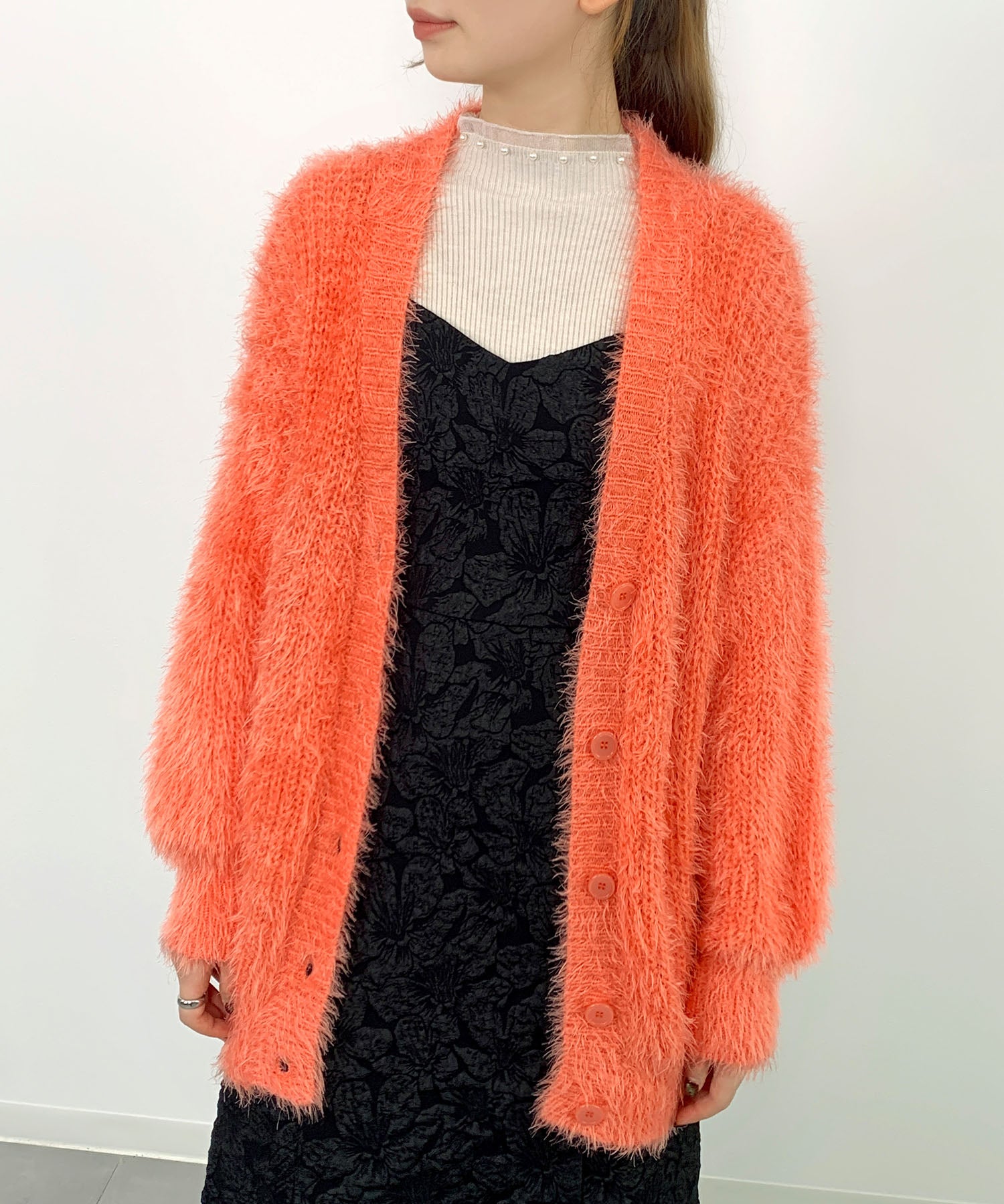 光沢フェザーVネックミドル丈カーディガンsdprb1053 オレンジ