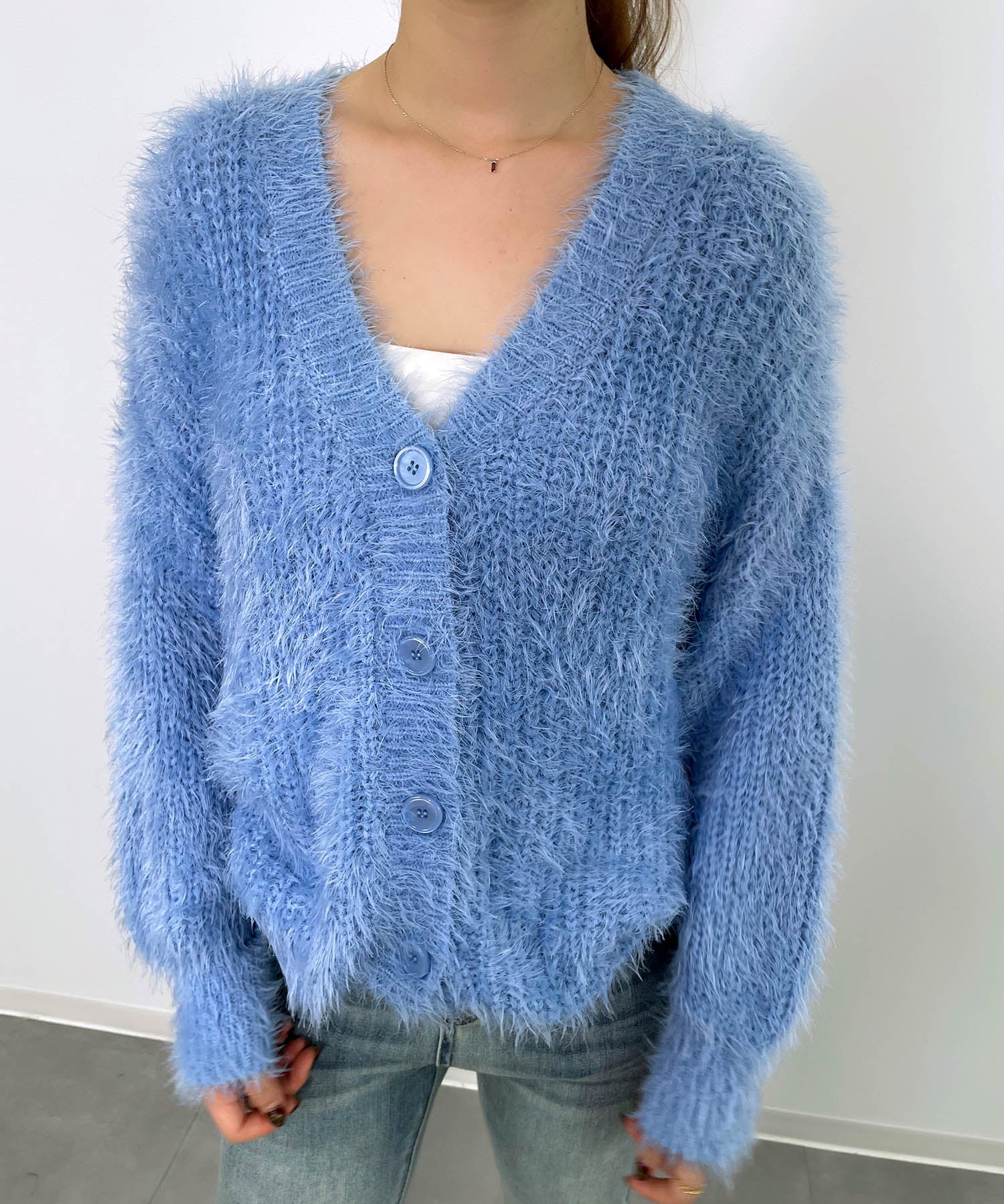 光沢フェザーVネックミドル丈カーディガンsdprb1053 ライトブルー